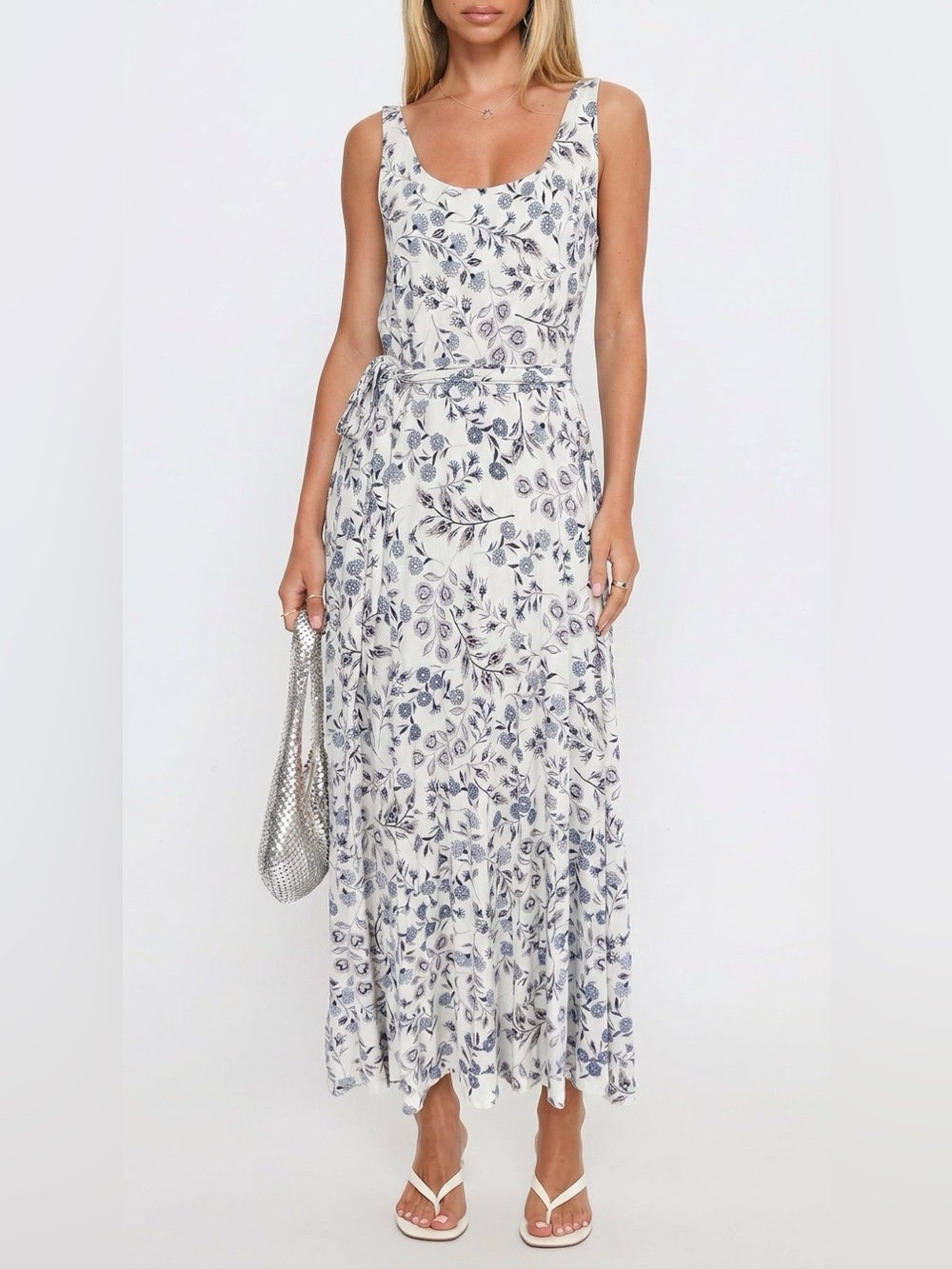 LOFT White Maxi Dress with Blue Leaf Print